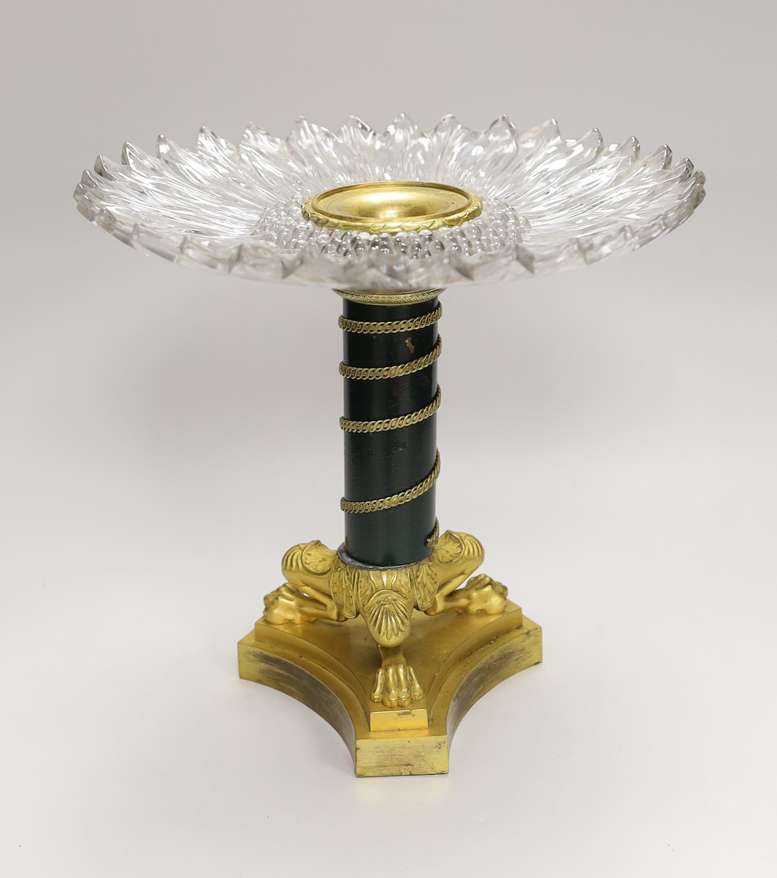 An Empire style ormolu and press moulded glass ‘sunflower’ comport. 26cm tall